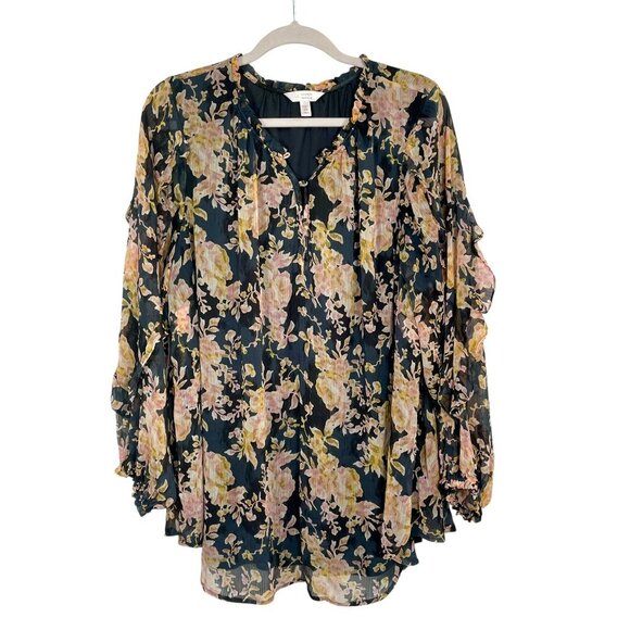 Lauren Conrad Ruffle Sleeve Pullover Floral Blouse Black Pink 2X Dark Romantic - Picture 1 of 16